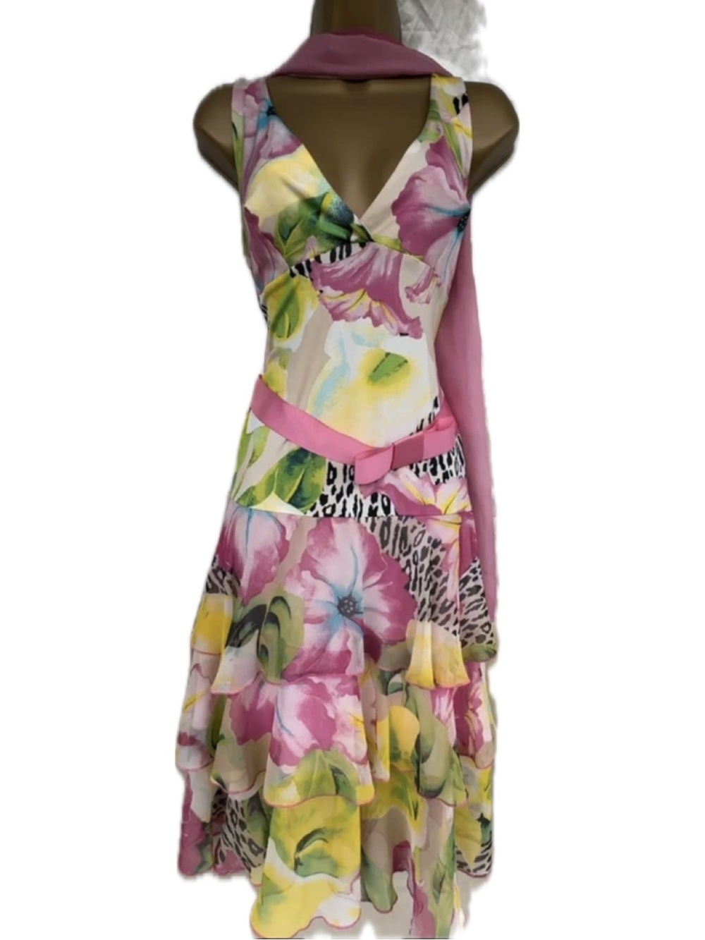 Vintage Y2K Morgan De Toi Tropical Floral Animal Print Tiered Ruffle Midi Dress